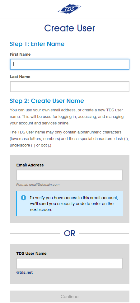 Create user, fields for first name, last name. Options to enter email address or create TDS user name. Continue button.