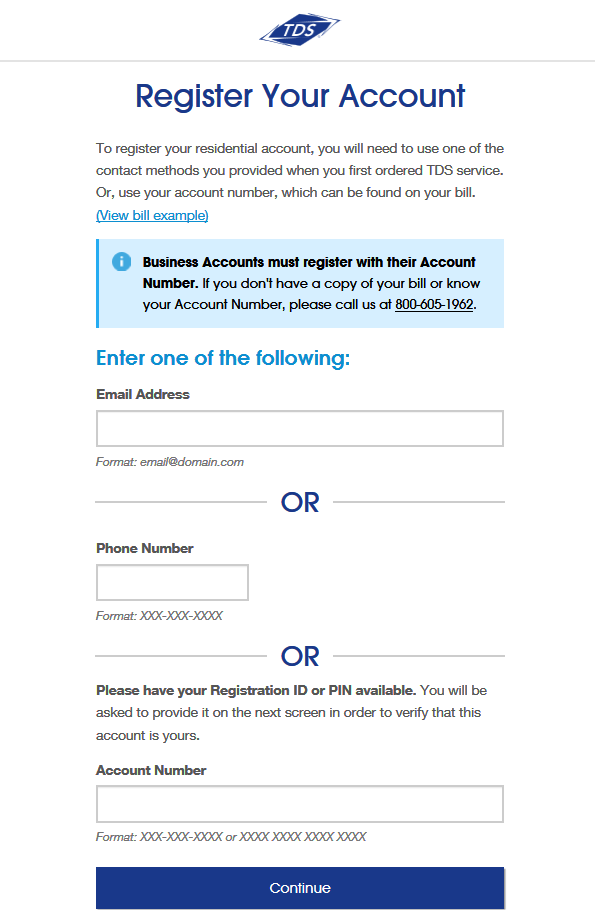 Register Your Account page. Fields for First Name, Last Name, and Account Number.