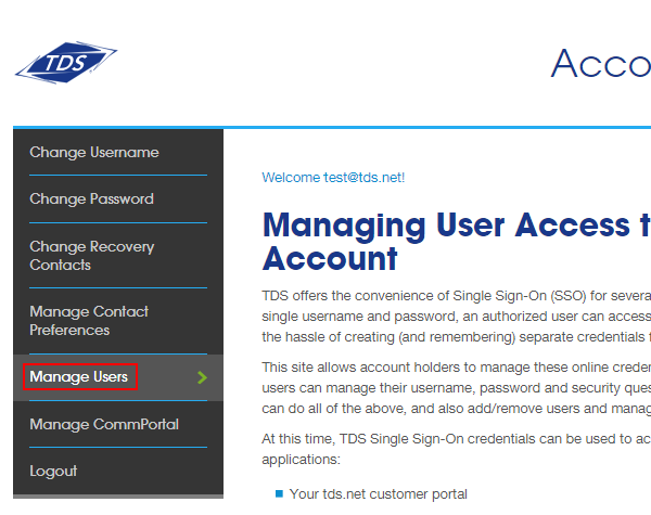 My Account page with Manage Users option highlighted in left navigation