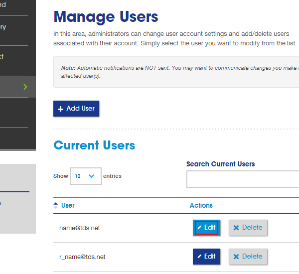 Manage Users section with list of users. Edit button next to username is highlighted.