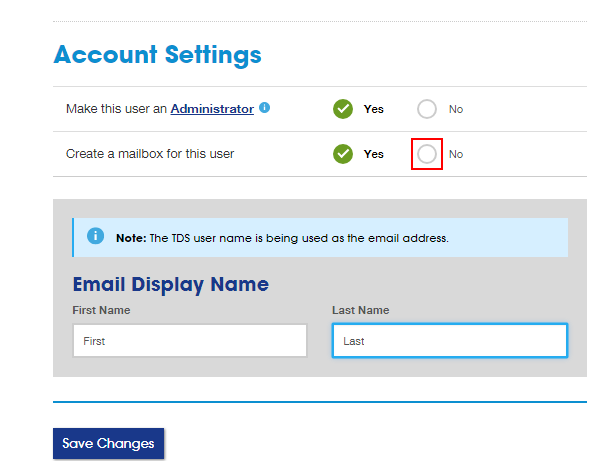 Account Settings section with No option highlighted next to Create a mailbox for this user. Save Changes button below.