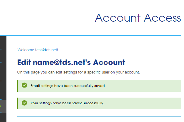 Top of account page. Success message confirms that settings have been saved.