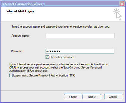 fields for account name and password