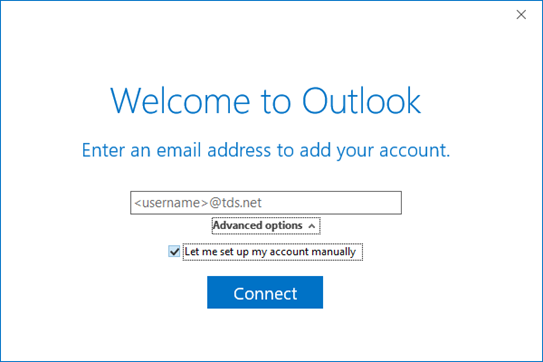 Outlook screen asking for email address to connect