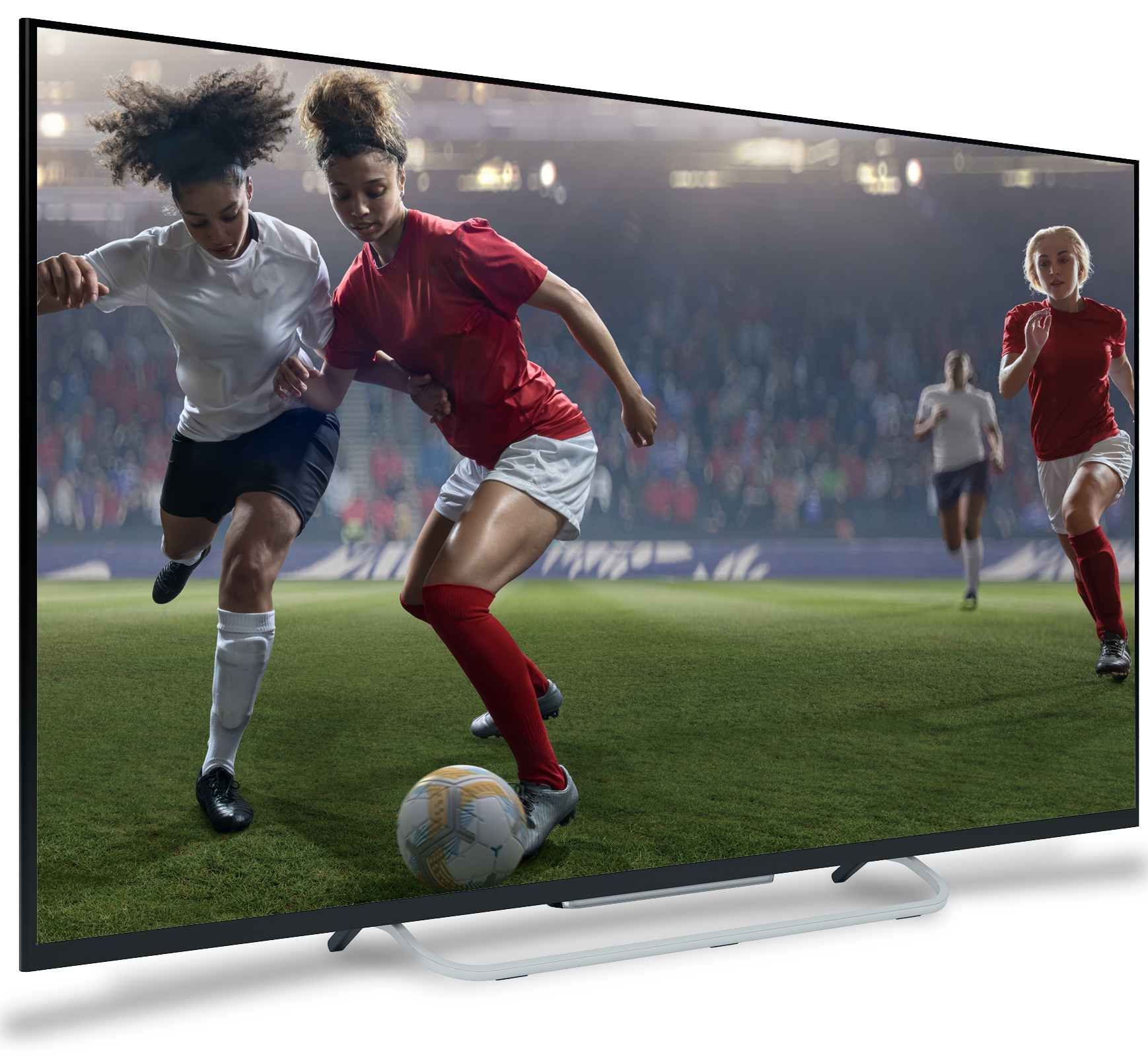 women's soccer playing on a tv