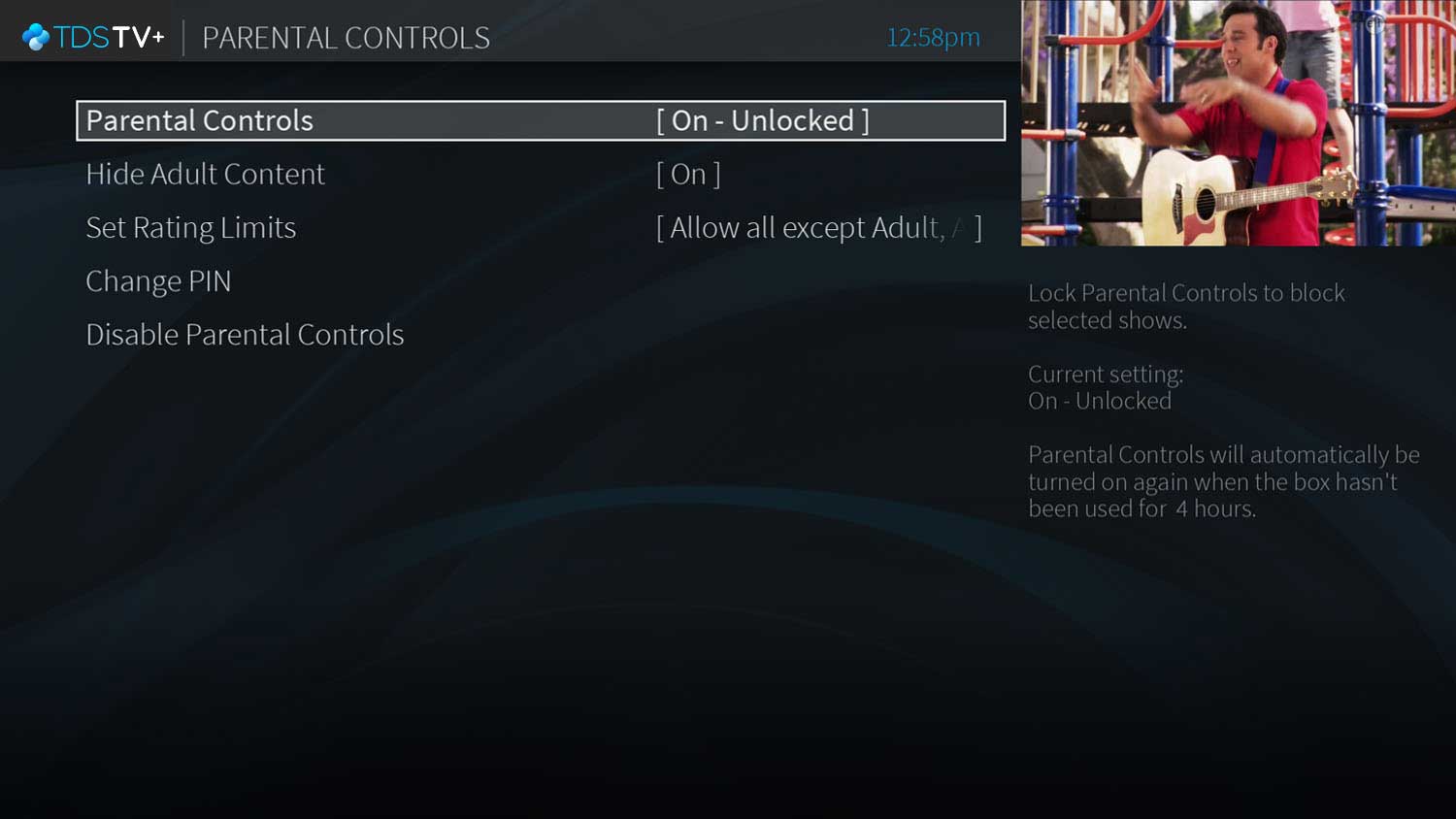 Screen of parental controls