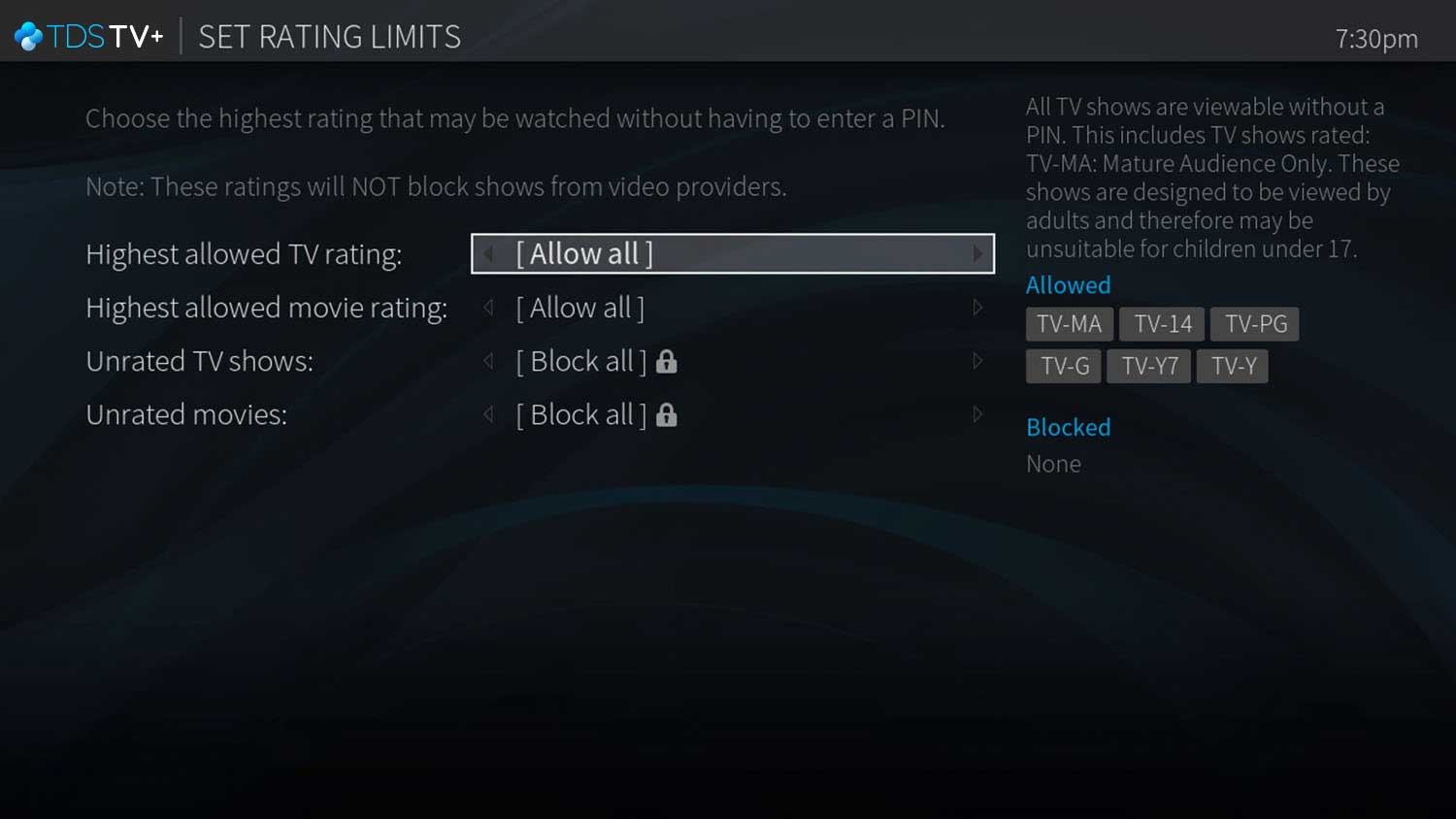 Set Rating Limits Screen