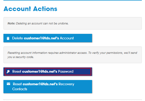 Account actions screen. Buttons to Delete, Reset Password, and Reset Recovery Contacts. Reset Password highlighted.
