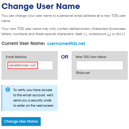 Change User Name screen. Current User Name listed. Email Address field highlighted. Change User Name button