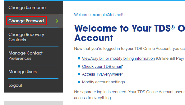 TDS Online Account. Manage Account menu on left. Change Password option highlighted.