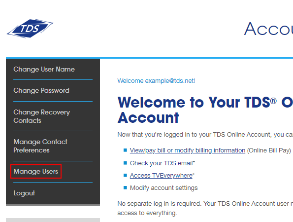TDS Online Account. Manage Account menu on left. Manage Users option highlighted.
