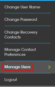 Manage Account menu. Manage Users option is highlighted.