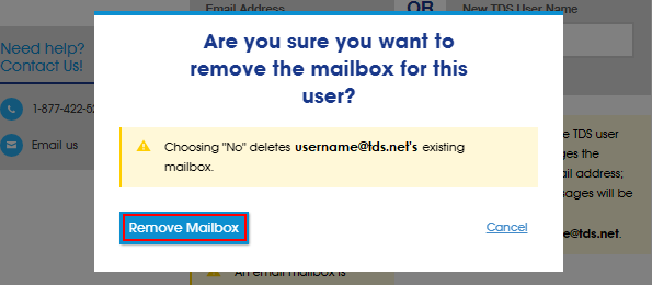 Remove Mailbox confirmation pop-up. Remove Mailbox button highlighted.