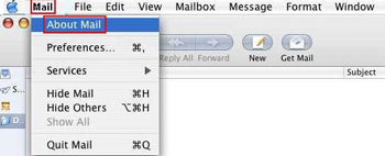 Mail option in top toolbar highlighted and active, displays dropdown with About Mail highlighted.