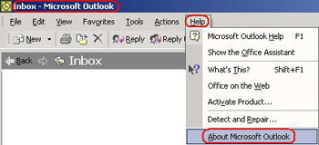 Title bar highlighted. Help button highlighted and active, displays dropdown. About Microsoft Outlook highlighted.