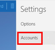 Settings menu. Buttons for Options and Accounts listed vertically. Accounts button is highlighted.