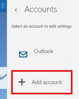 Accounts menu. Envelope icon next to Outlook and plus sign icon next to Add account. Add account is highlighted.