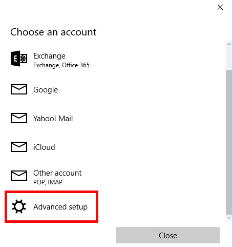 Choose an account through six different options with Advanced Setup highlighted in a red box.