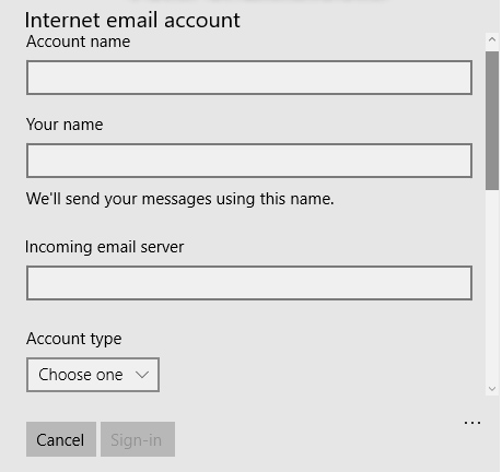Scroll bar at top. Fields for Account name, Your name, and Incoming email server. Dropdown menu for Account type.