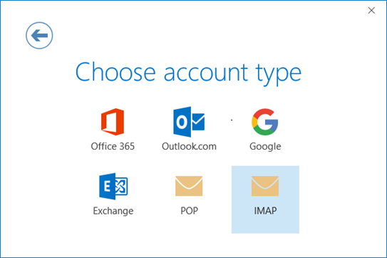 Choose account type screen displaying different icons, IMAP icon is highlighted