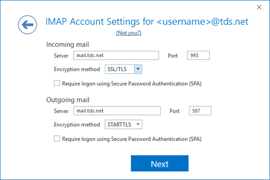 IMAP Account Settings screen with form fields