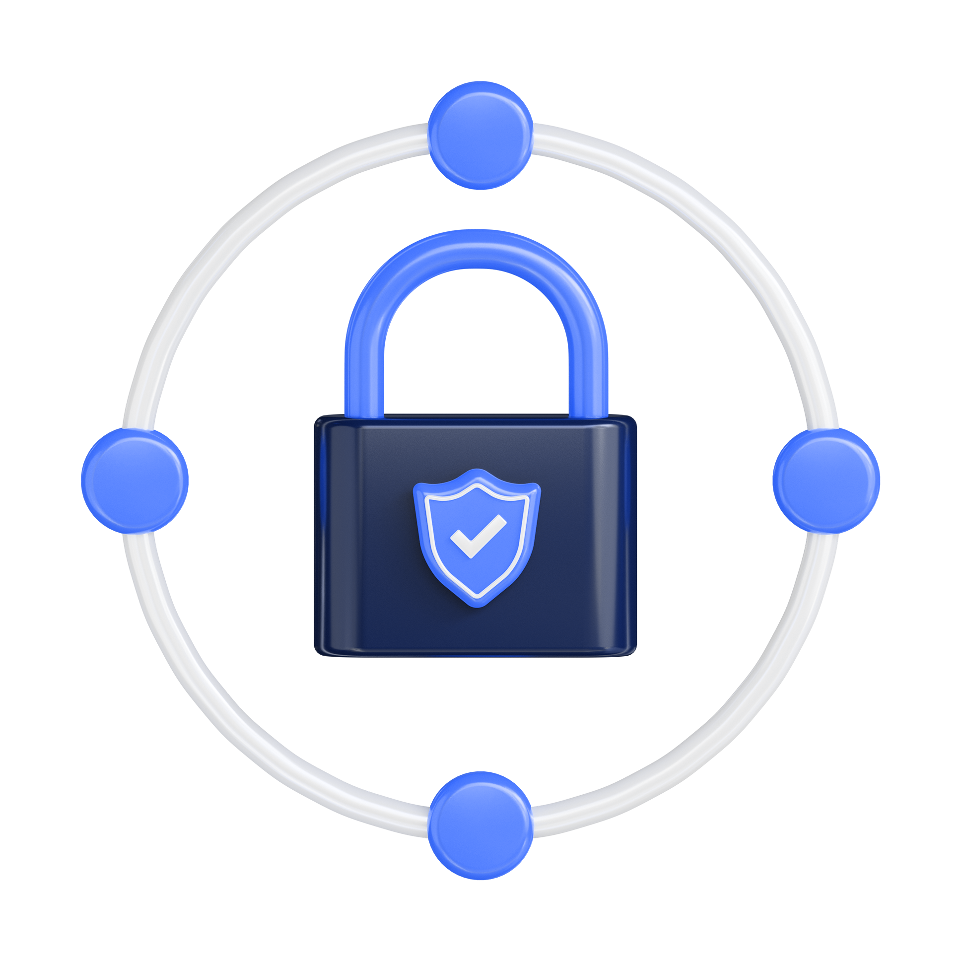 A lock with the shield and checkmark image, surrounded by a circle with four dots at each 90 degree spot