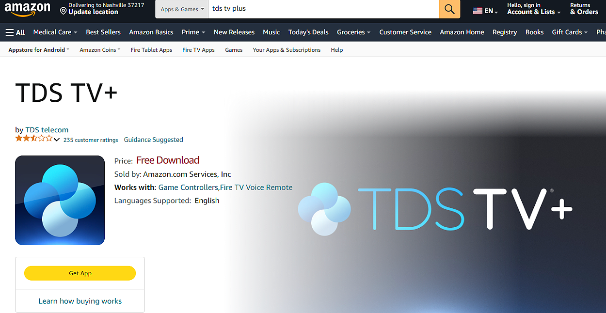 Download Steps Aamzon App Store with preview of TDS TV+ app