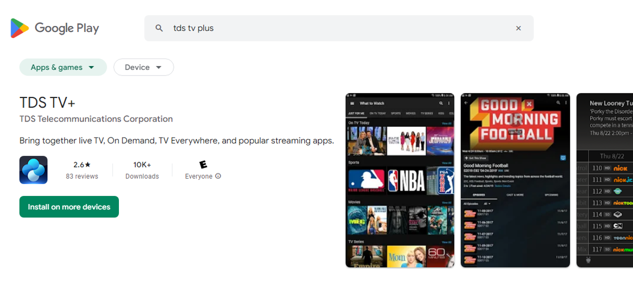 Download Steps Google Play App Store with preview of TDS TV+ app