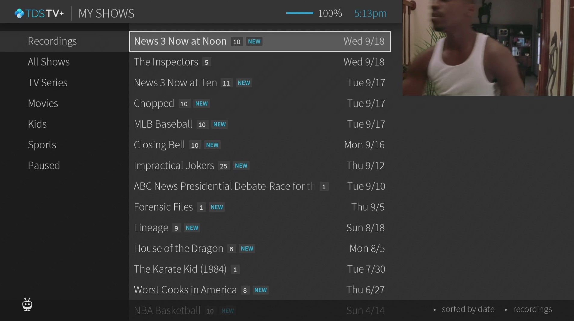 My Shows Recording page in TDS TV+ app