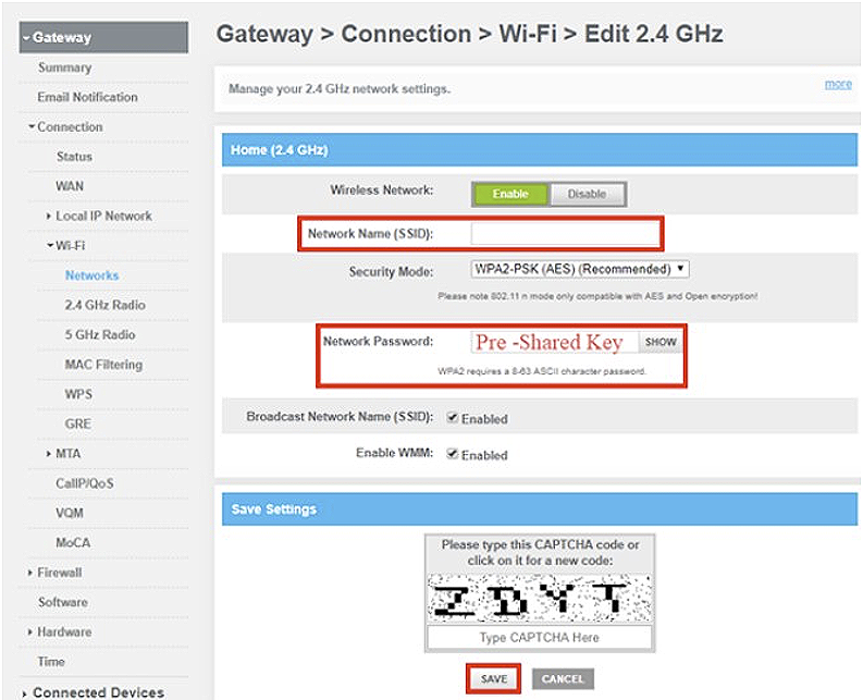 Gateway settings page with Network name, Network password highlighted in red