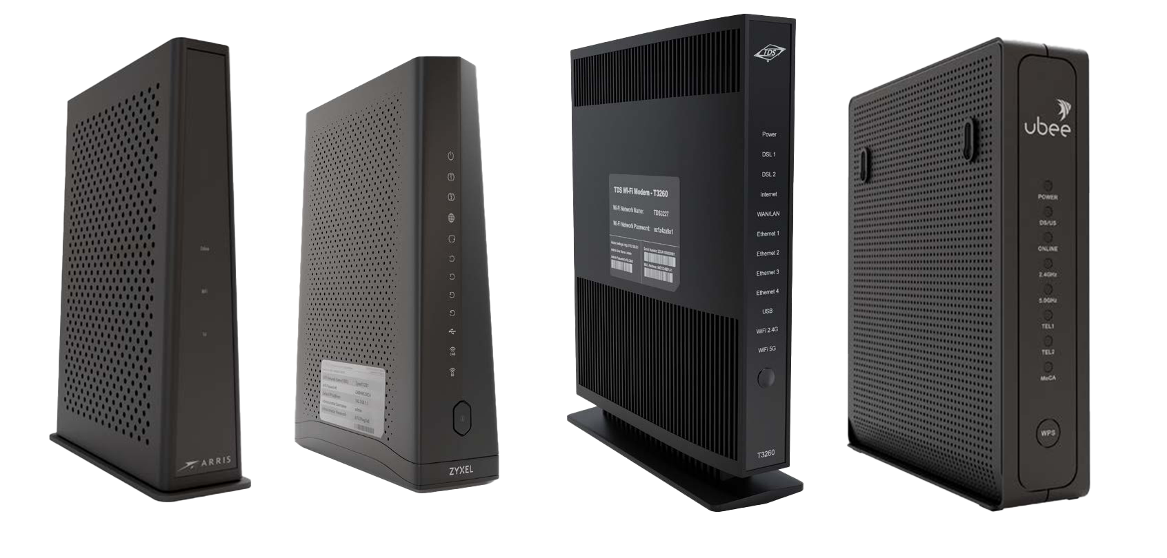 Arris, Zytec, Cisco and Ubee modem in a line