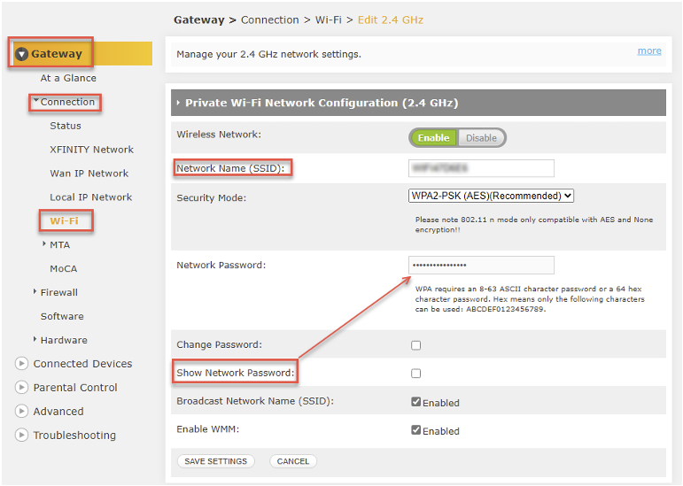 Network configuration page with Gateway, Connection, Wi-Fi, Network Name, Show Network Password highlighted in red